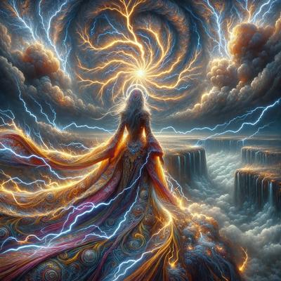 The primary subject of the image is a woman, possibly a goddess, standing on a mountain with a flowing dress. She is surrounded by a vibrant and colorful environment, with a mix of light and dark colors. The setting includes a sky with clouds and a backdrop of a mountain range. The visual style of the image is a combination of digital art and illustration, creating a unique and captivating scene. The overall atmosphere of the image is one of beauty, power, and spirituality.